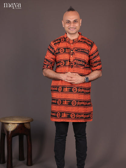 Orange Cotton Divine Printed Short Men Kurta