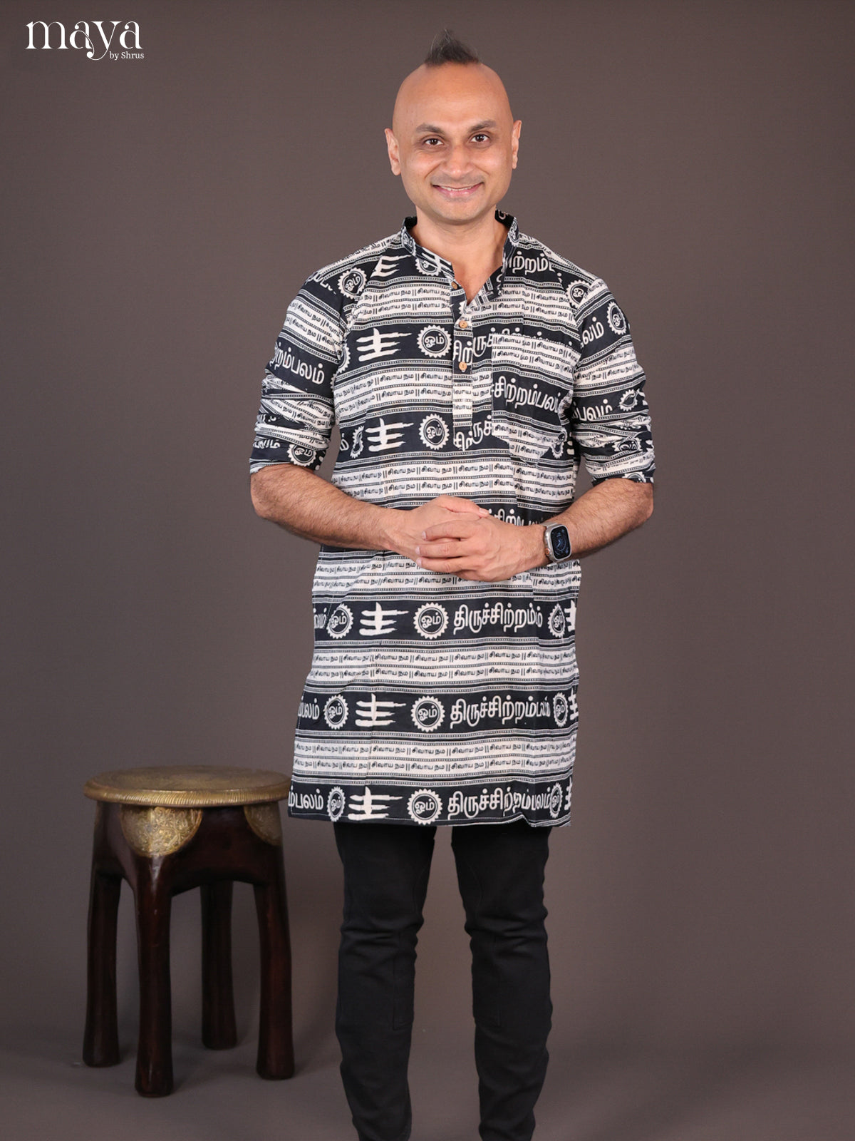 White Cotton Divine Printed Short Men Kurta