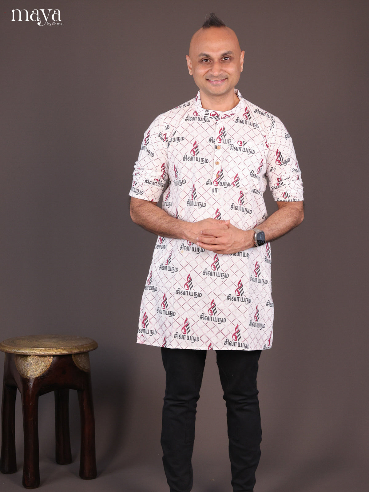 White Cotton Divine printed Short Men Kurta