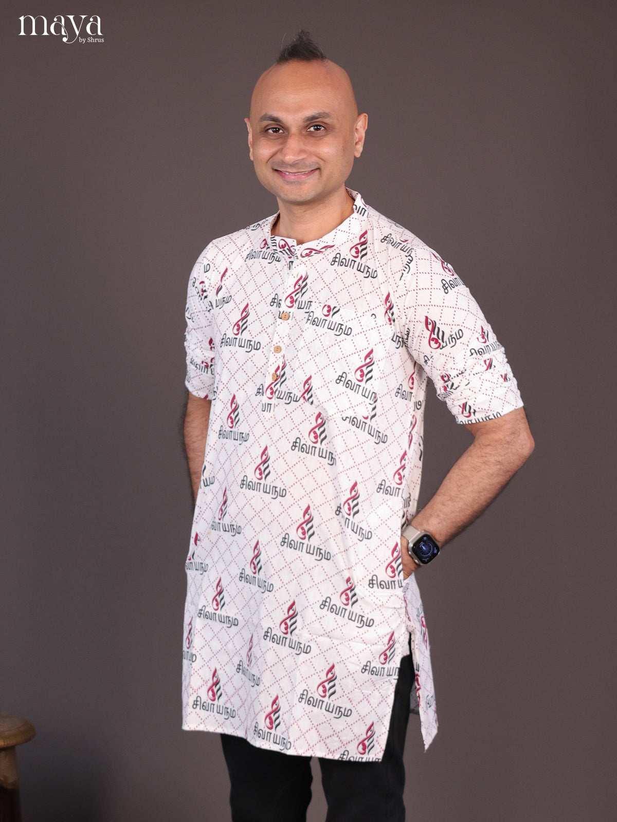 White Cotton Divine printed Short Men Kurta
