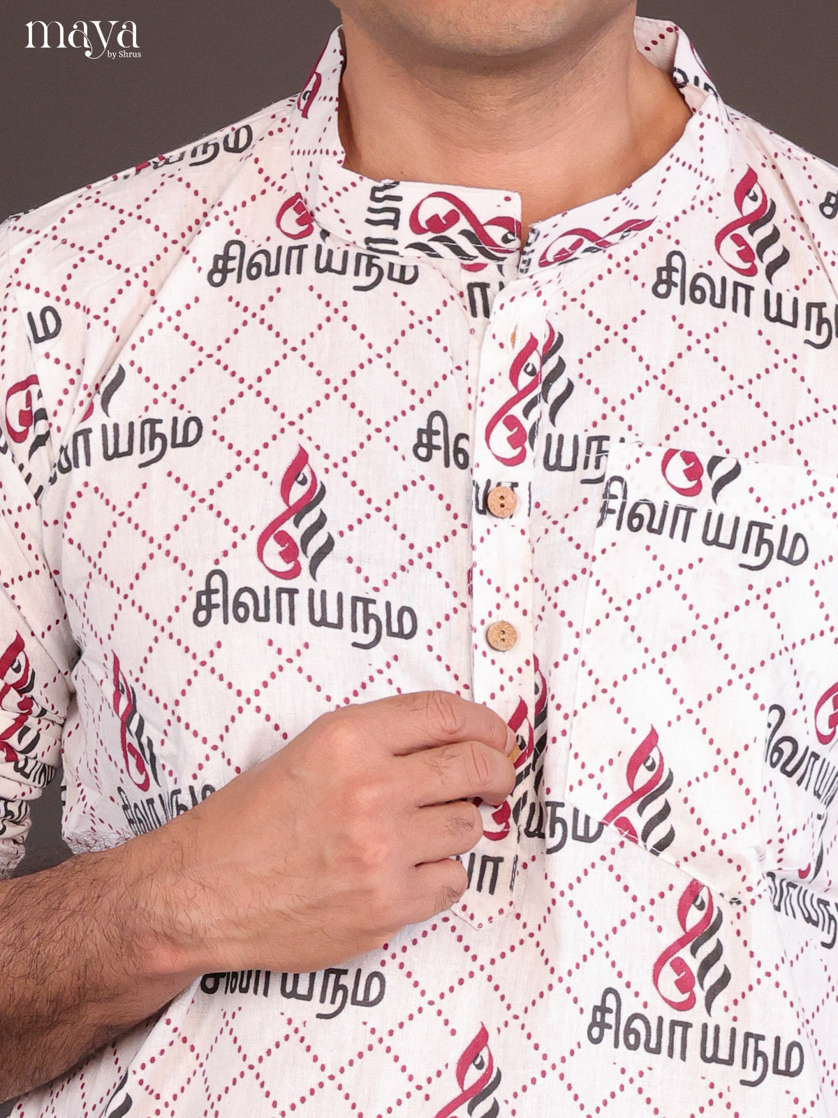White Cotton Divine printed Short Men Kurta