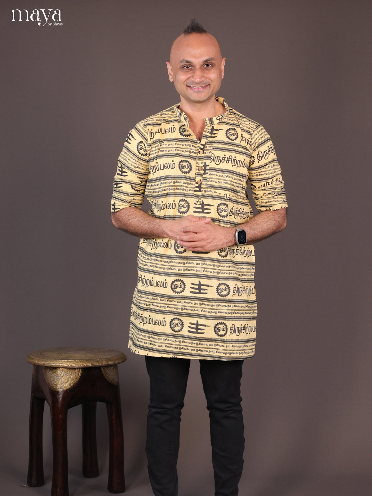 Yellow Cotton Divine Printed Short Men's Kurta