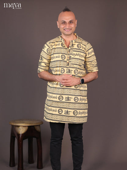 Yellow Cotton Divine Printed Short Men's Kurta