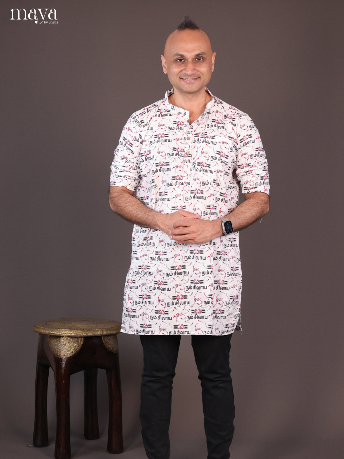 White Cotton Divine printed Short Men Kurta