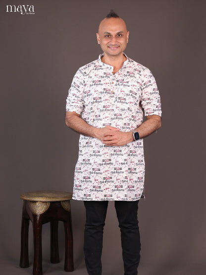 White Cotton Divine printed Short Men Kurta