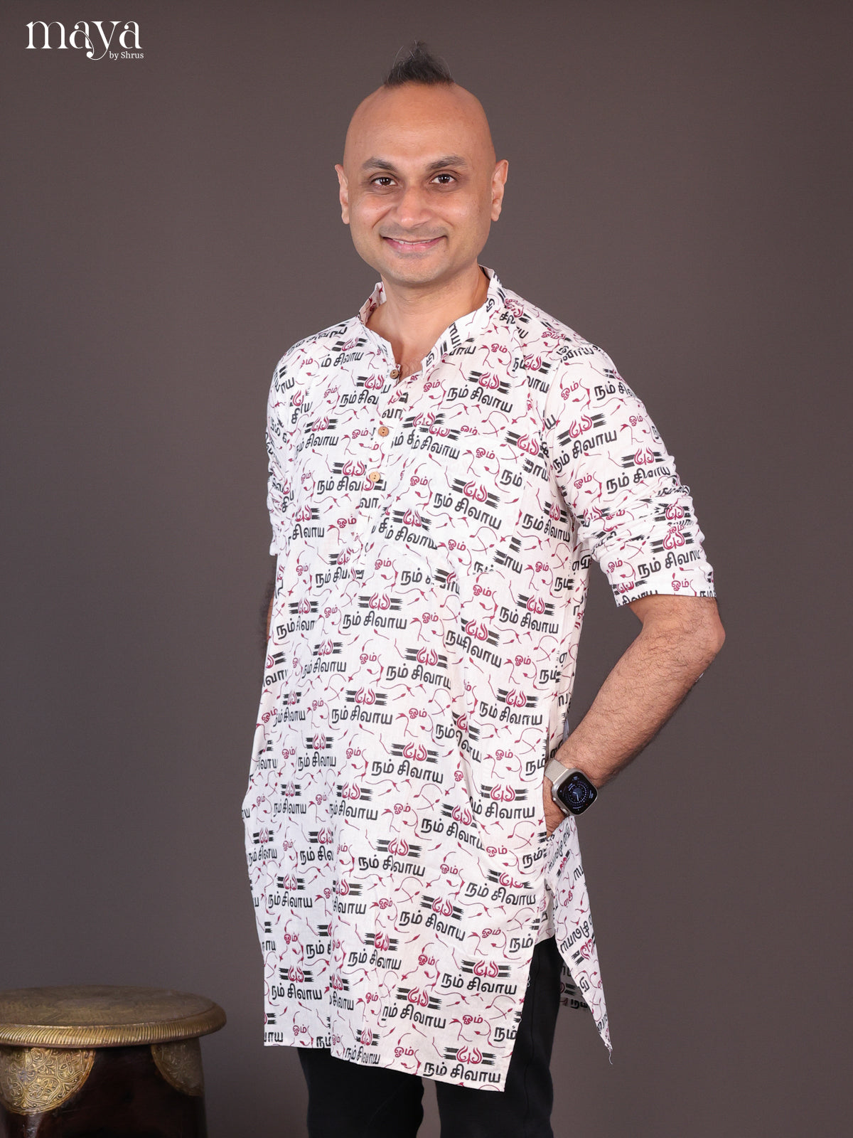 White Cotton Divine printed Short Men Kurta
