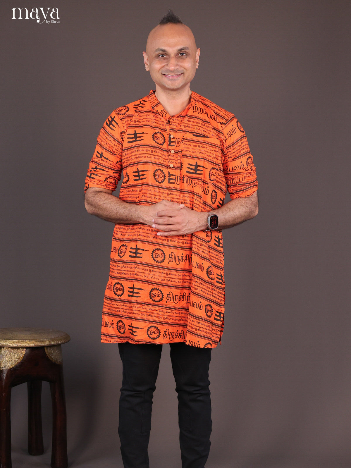 Orange Cotton Divine Printed Short Men Kurta
