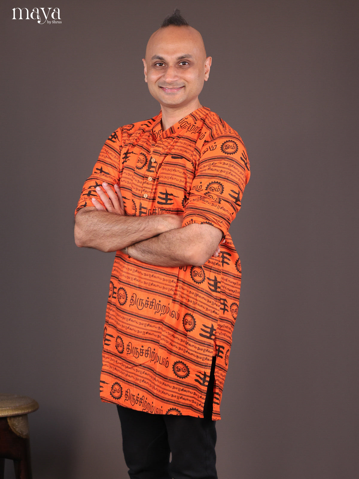Orange Cotton Divine Printed Short Men Kurta