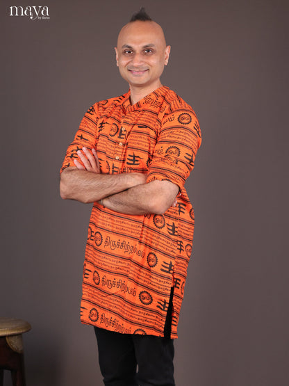 Orange Cotton Divine Printed Short Men Kurta