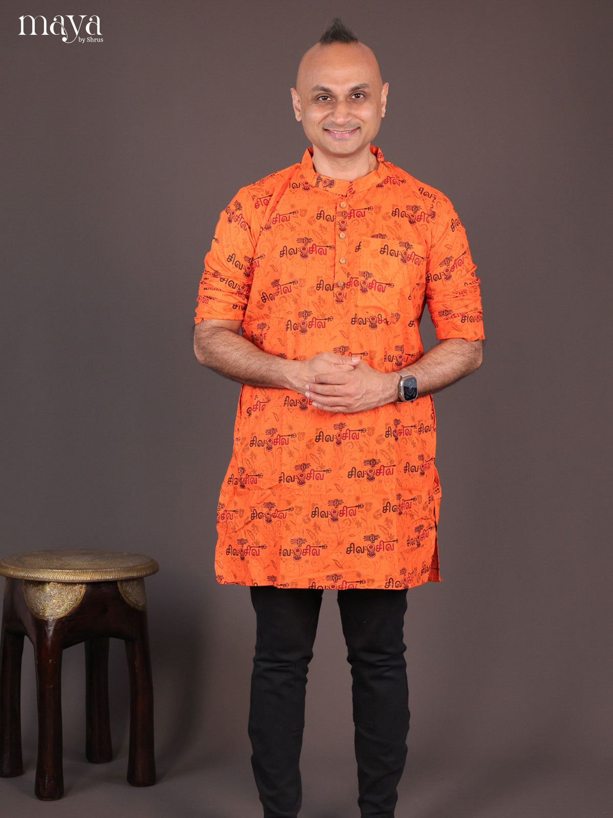 Orange Cotton Divine Printed Short Men Kurta