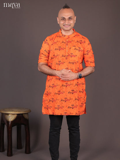 Orange Cotton Divine Printed Short Men Kurta
