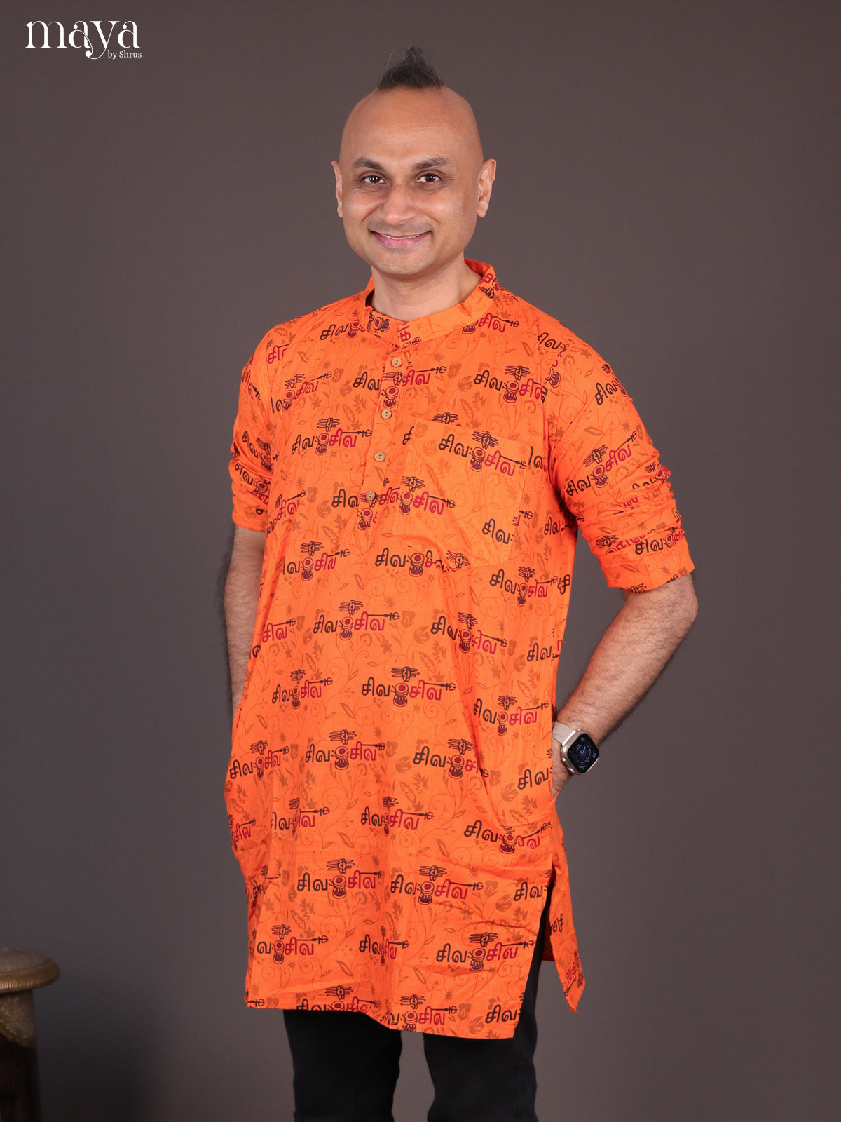 Orange Cotton Divine Printed Short Men Kurta