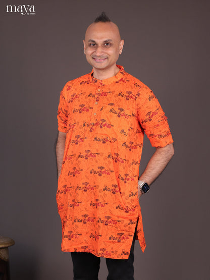 Orange Cotton Divine Printed Short Men Kurta