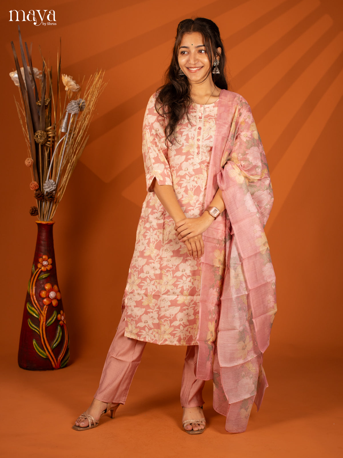Pink Rayon 3Pc Salwar With Floral Print - Top, Bottom & Dupatta