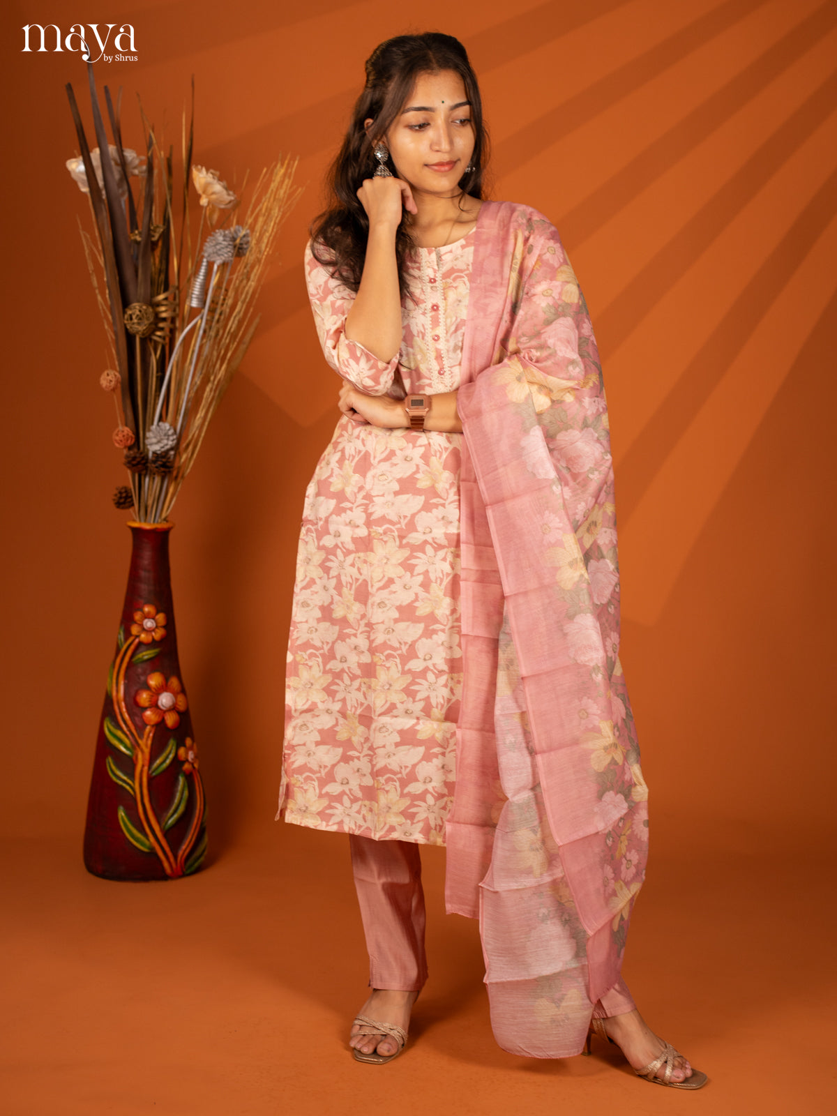 Pink Rayon 3Pc Salwar With Floral Print - Top, Bottom & Dupatta