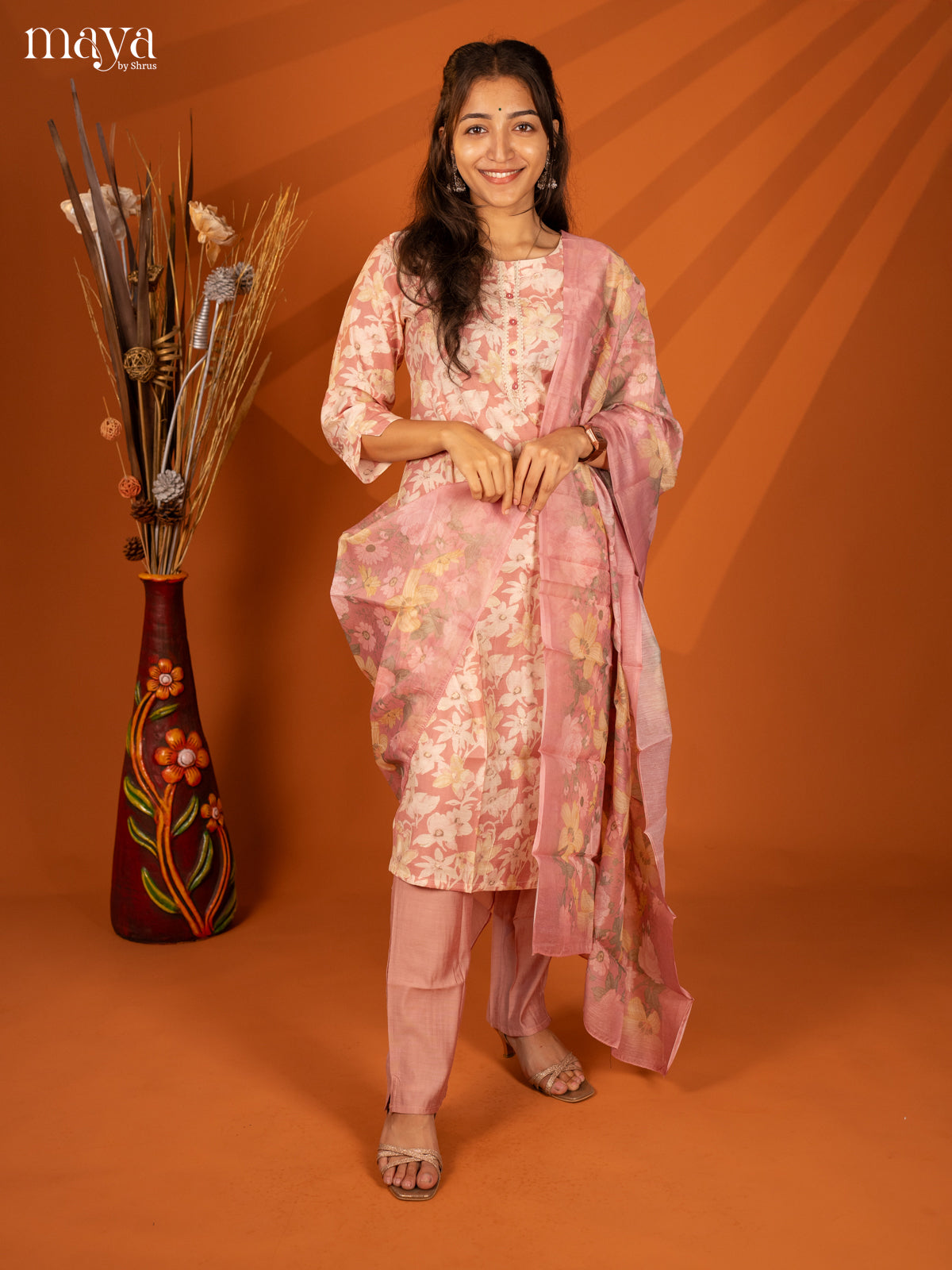 Pink Rayon 3Pc Salwar With Floral Print - Top, Bottom & Dupatta