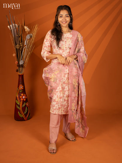Pink Rayon 3Pc Salwar With Floral Print - Top, Bottom & Dupatta