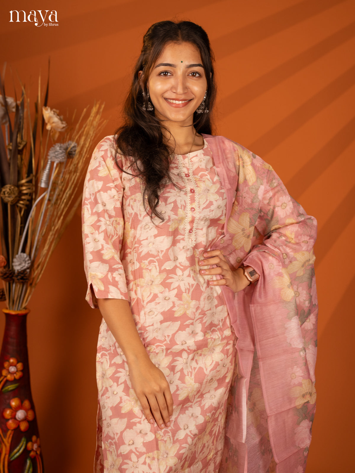 Pink Rayon 3Pc Salwar With Floral Print - Top, Bottom & Dupatta