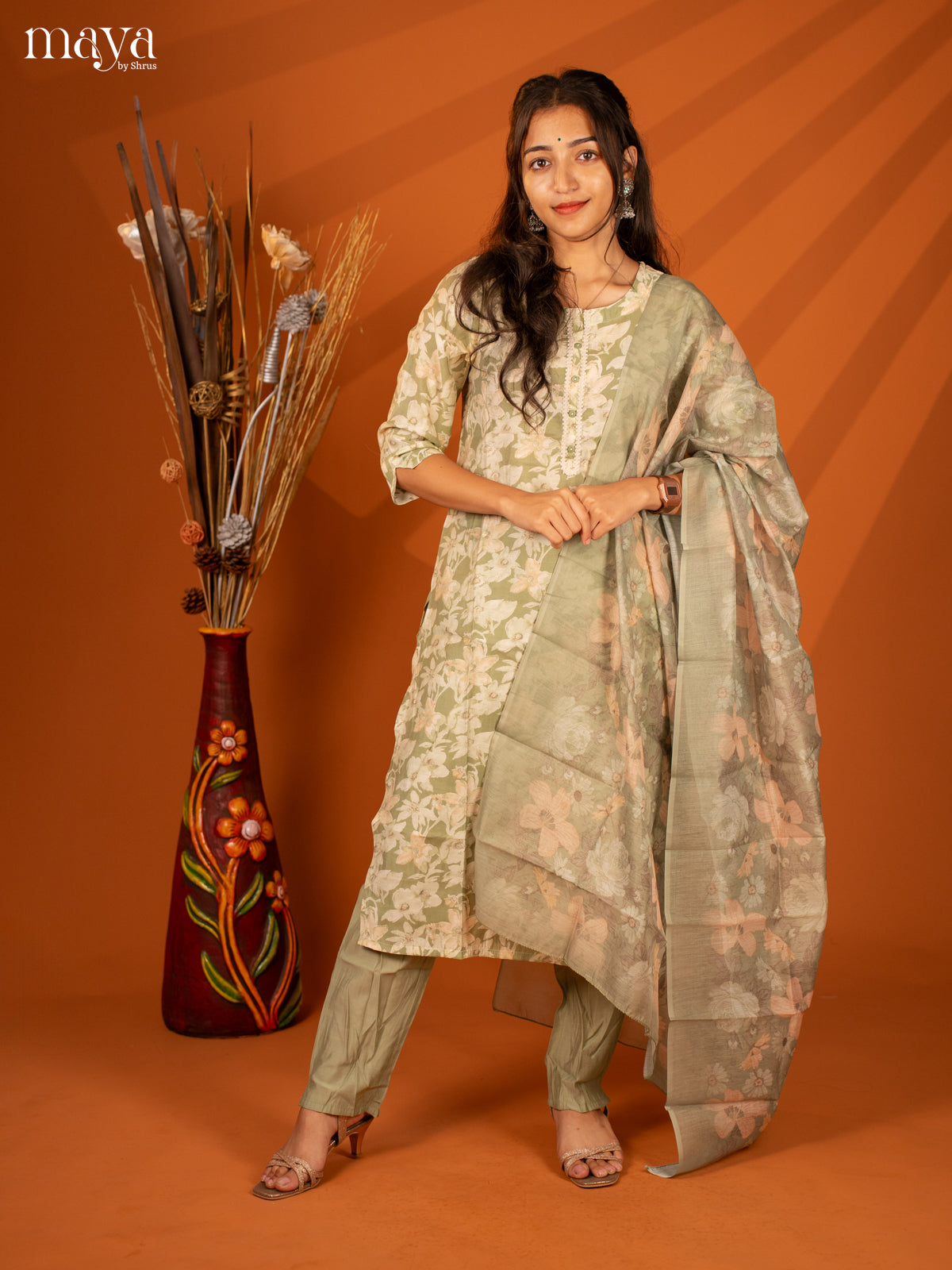 Green Rayon 3Pc Salwar With Floral Print - Top, Bottom & Dupatta
