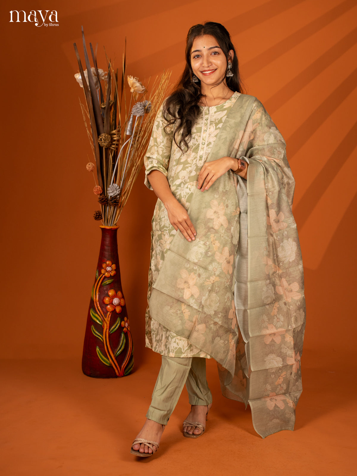Green Rayon 3Pc Salwar With Floral Print - Top, Bottom & Dupatta