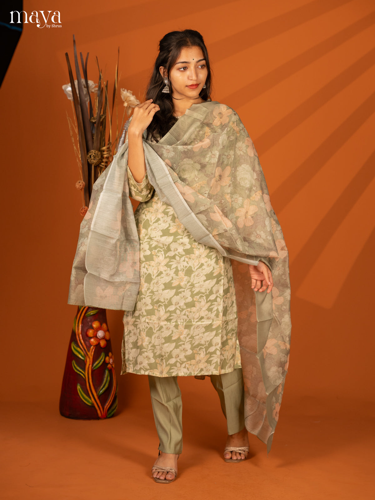 Green Rayon 3Pc Salwar With Floral Print - Top, Bottom & Dupatta