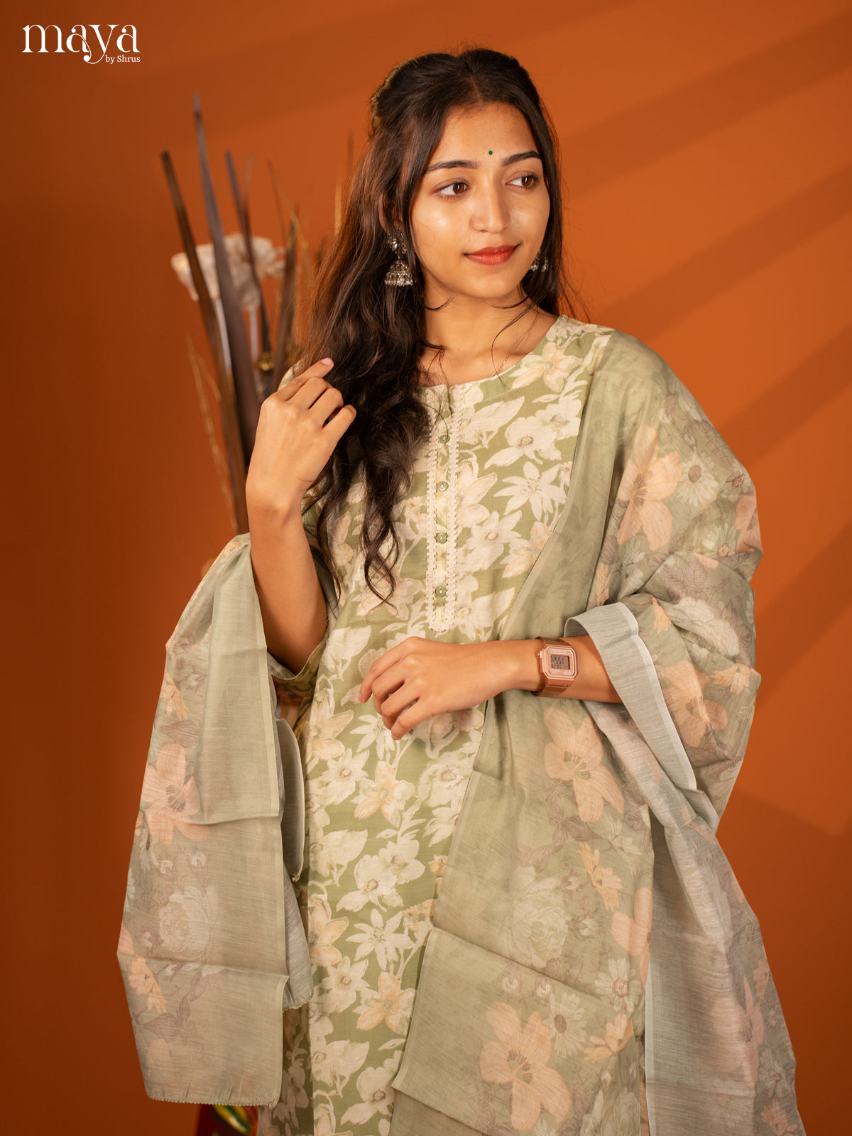 Green Rayon 3Pc Salwar With Floral Print - Top, Bottom & Dupatta