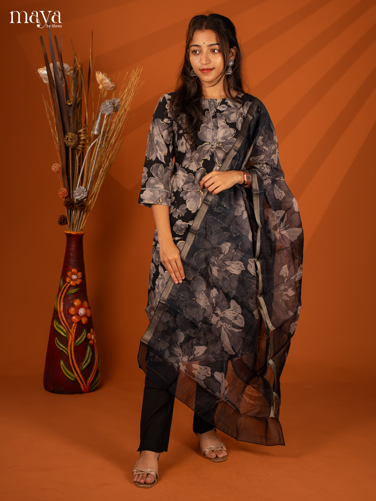 Black Rayon 3Pc Printed Salwar Suit- Top, Bottom & Dupatta