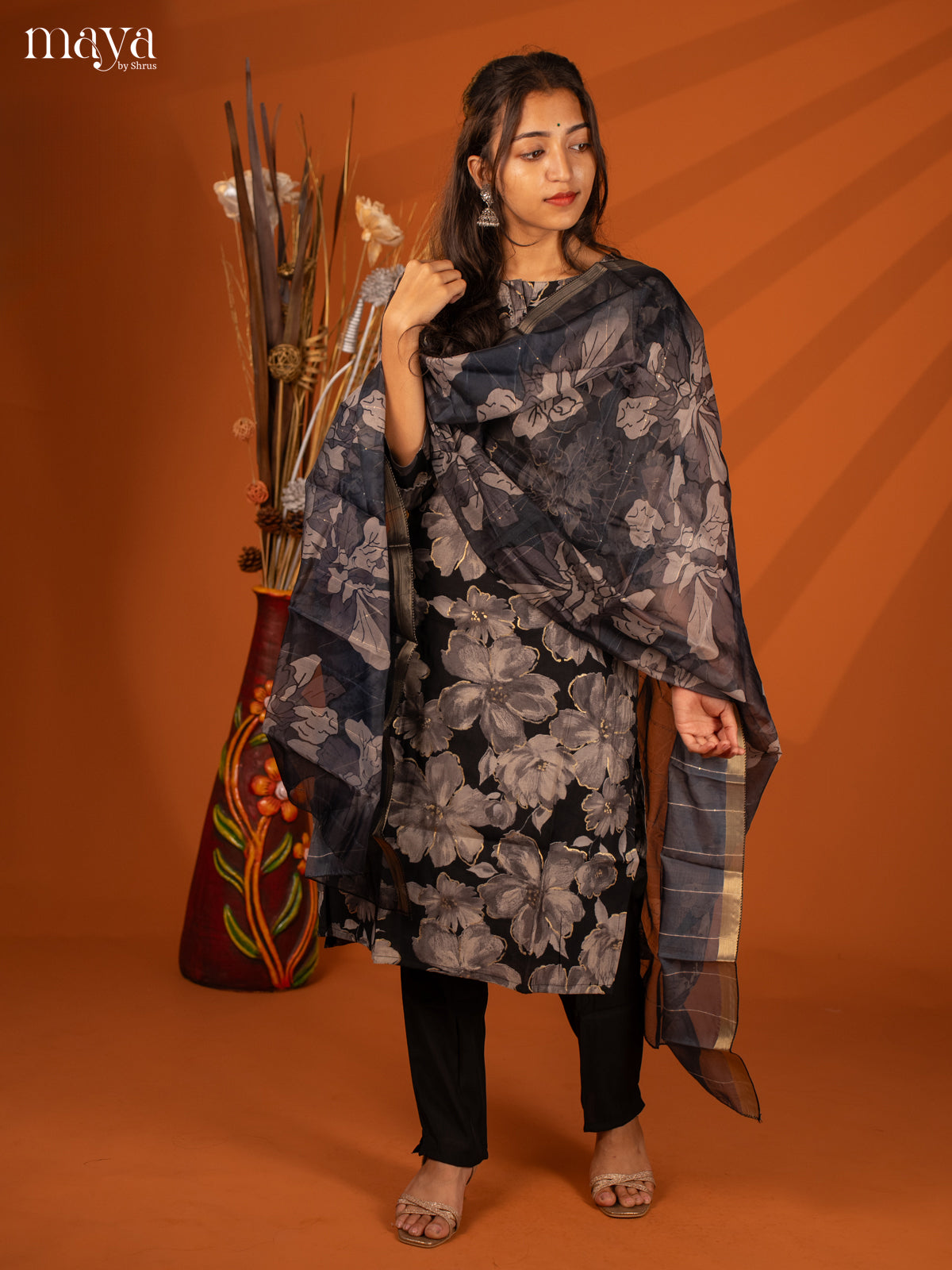 Black Rayon 3Pc Printed Salwar Suit- Top, Bottom & Dupatta