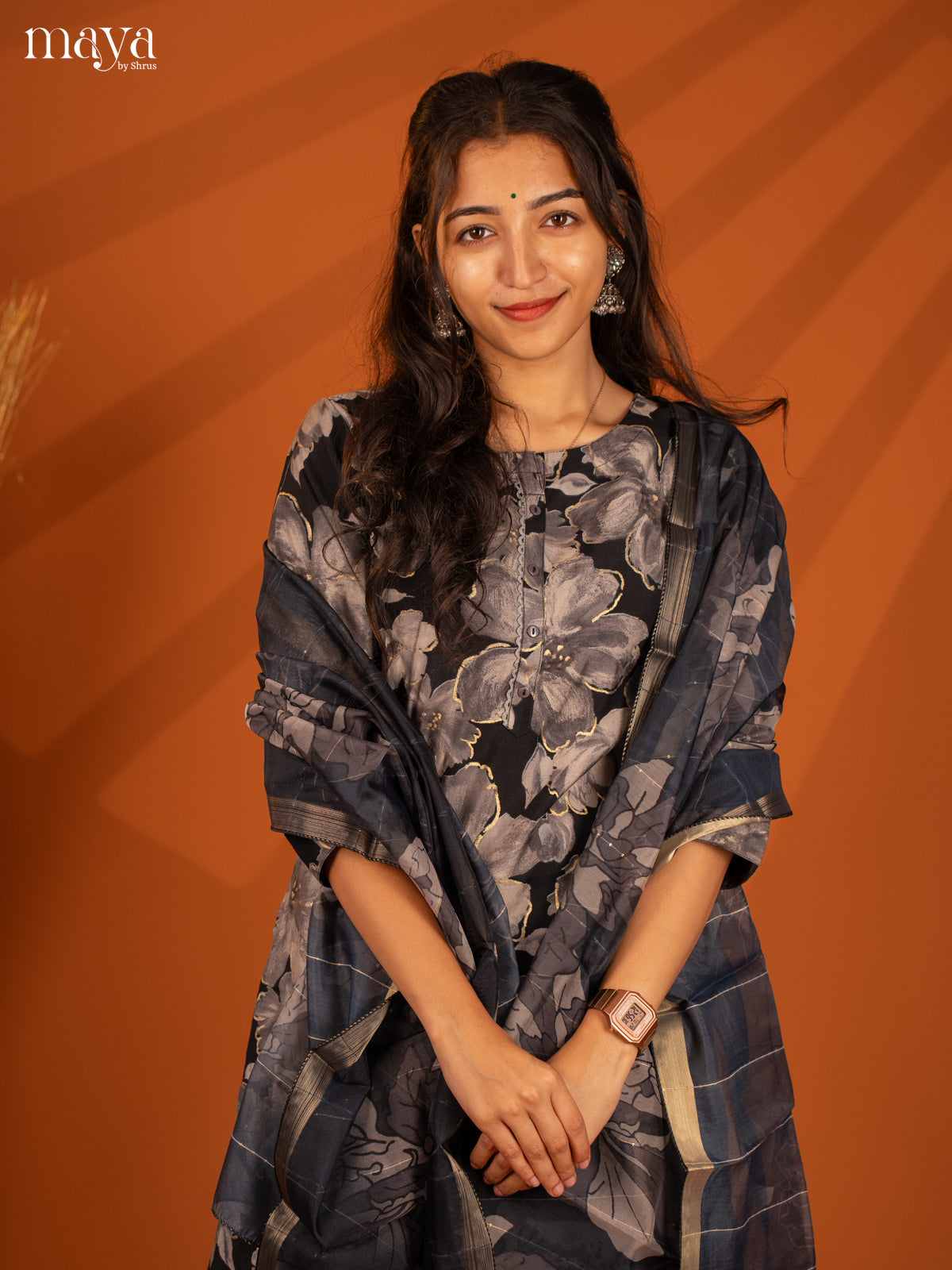 Black Rayon 3Pc Printed Salwar Suit- Top, Bottom & Dupatta