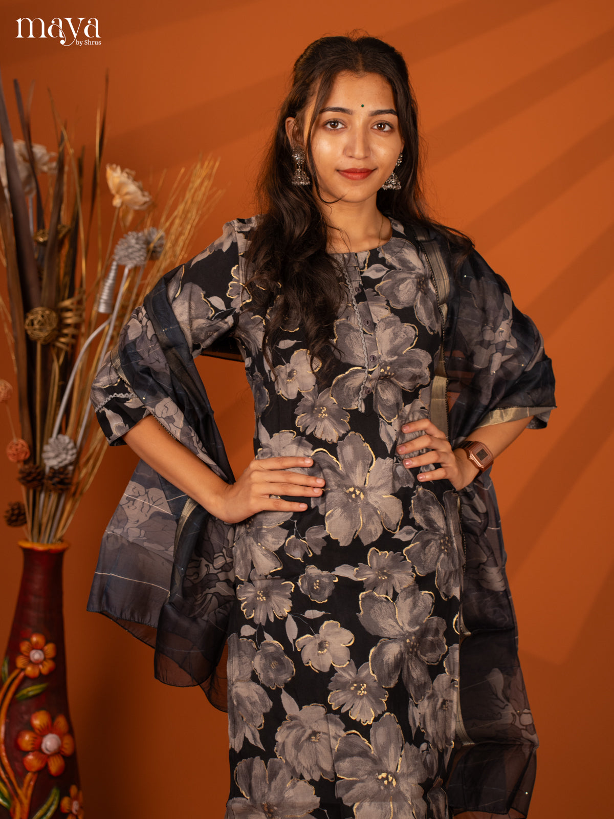 Black Rayon 3Pc Printed Salwar Suit- Top, Bottom & Dupatta