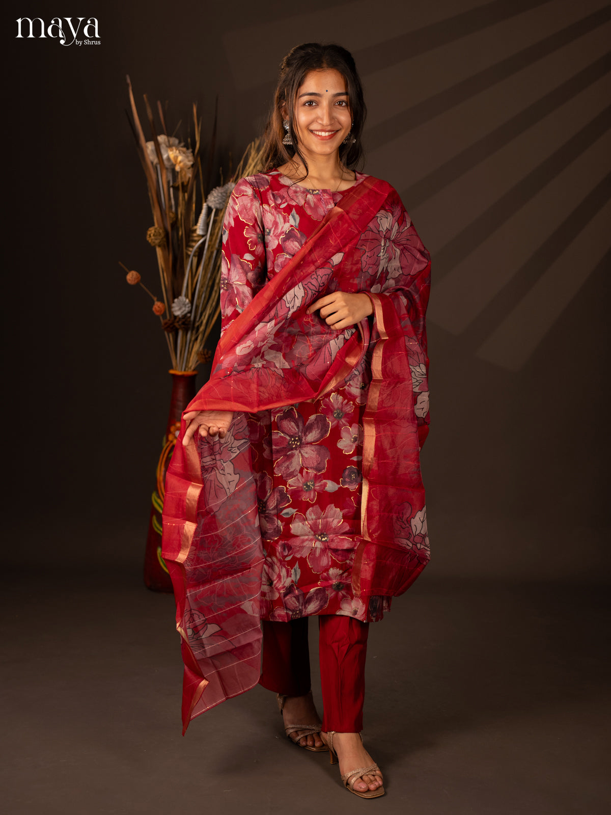 Red Rayon 3 Pc Printed Salwar suit -Top, Bottom & Dupatta