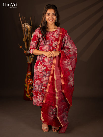 Red Rayon 3 Pc Printed Salwar suit -Top, Bottom & Dupatta