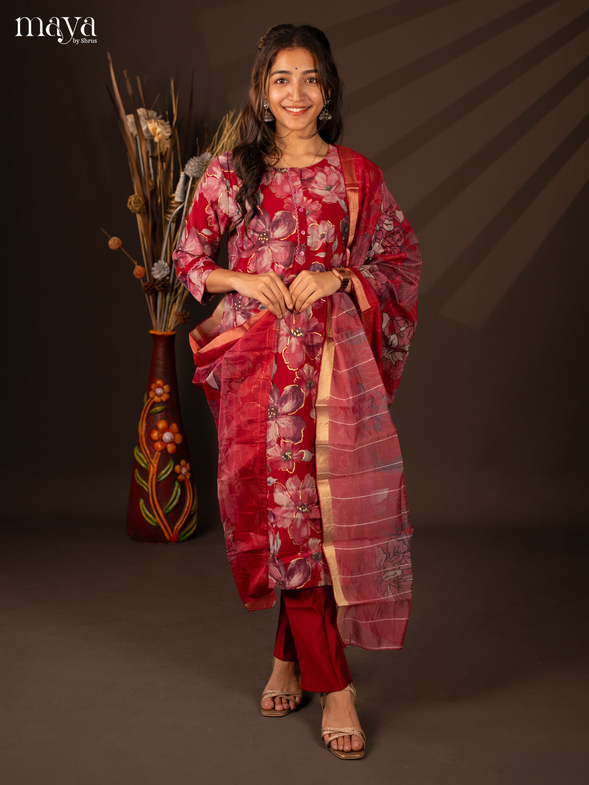 Red Rayon 3 Pc Printed Salwar suit -Top, Bottom & Dupatta