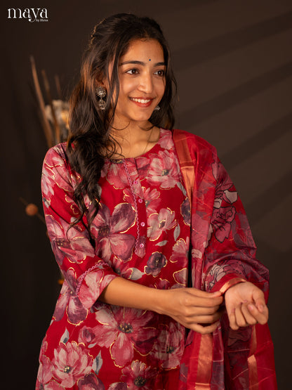 Red Rayon 3 Pc Printed Salwar suit -Top, Bottom & Dupatta