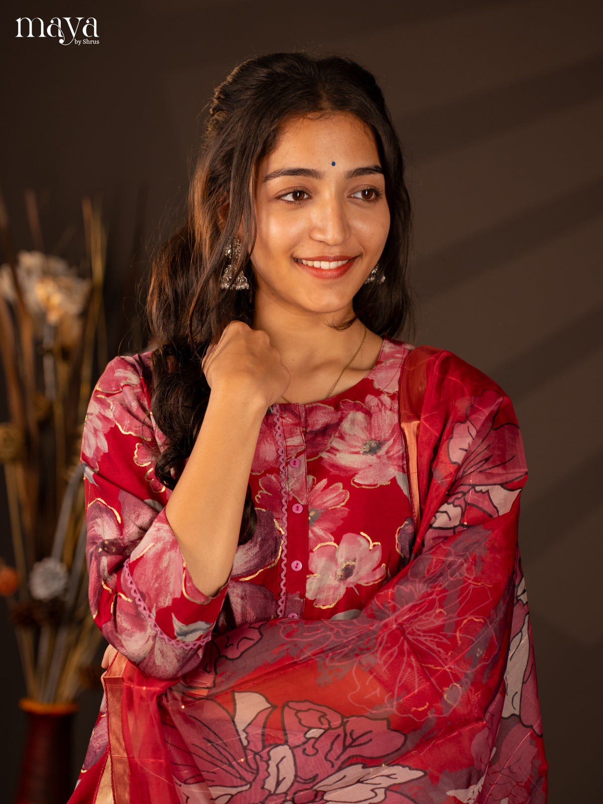 Red Rayon 3 Pc Printed Salwar suit -Top, Bottom & Dupatta