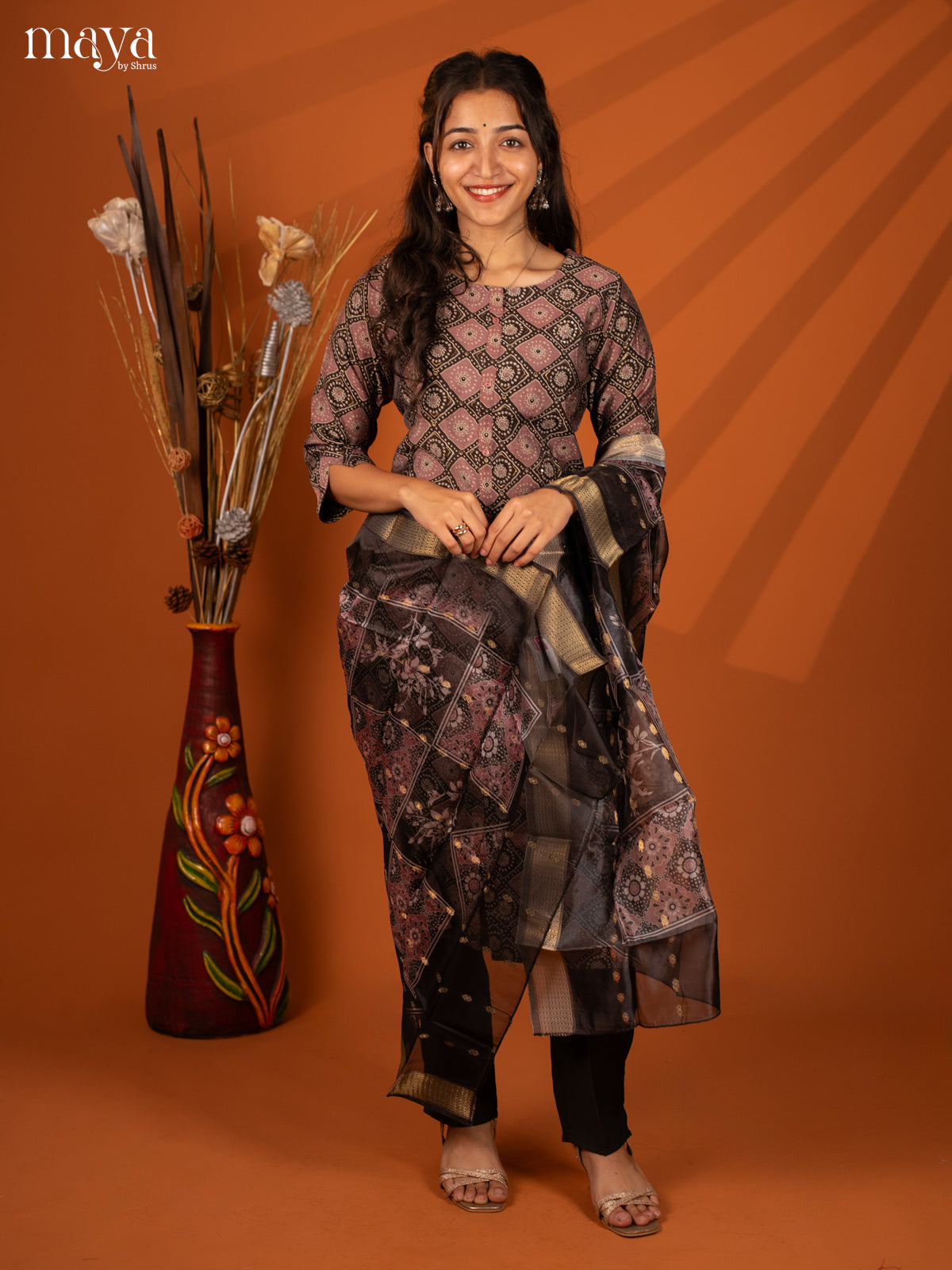Brown Linen Cotton 3 Pc Salwar With Batik Print - Top, Bottom & Dupatta