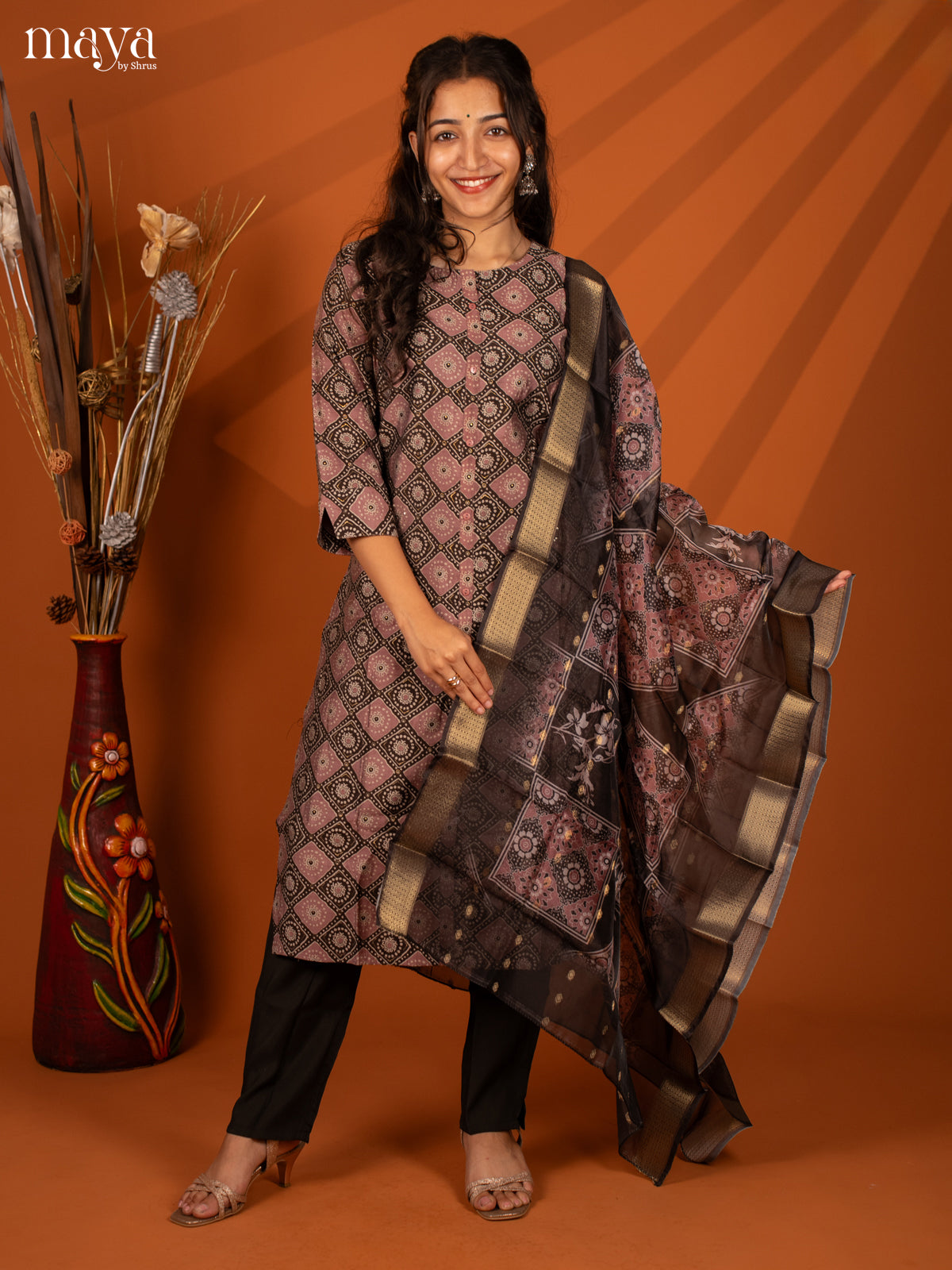 Brown Linen Cotton 3 Pc Salwar With Batik Print - Top, Bottom & Dupatta