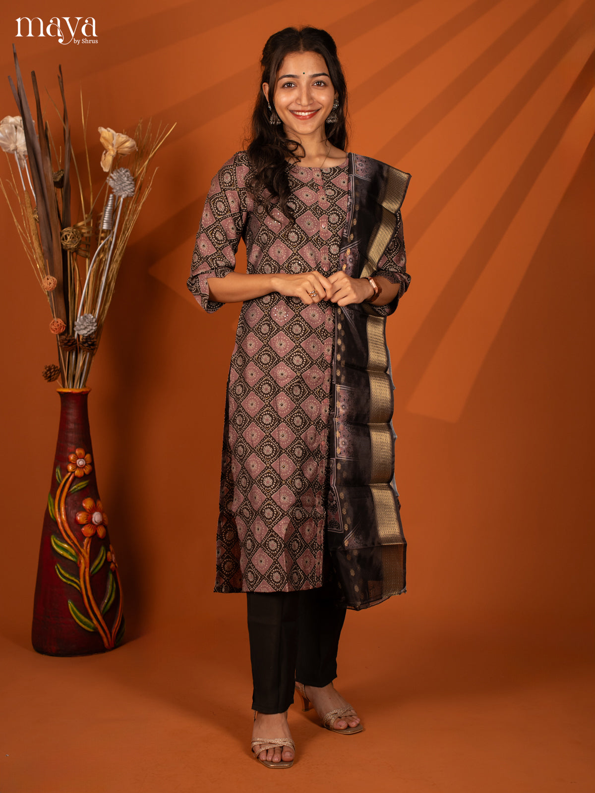 Brown Linen Cotton 3 Pc Salwar With Batik Print - Top, Bottom & Dupatta