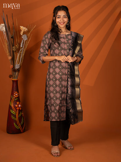 Brown Linen Cotton 3 Pc Salwar With Batik Print - Top, Bottom & Dupatta