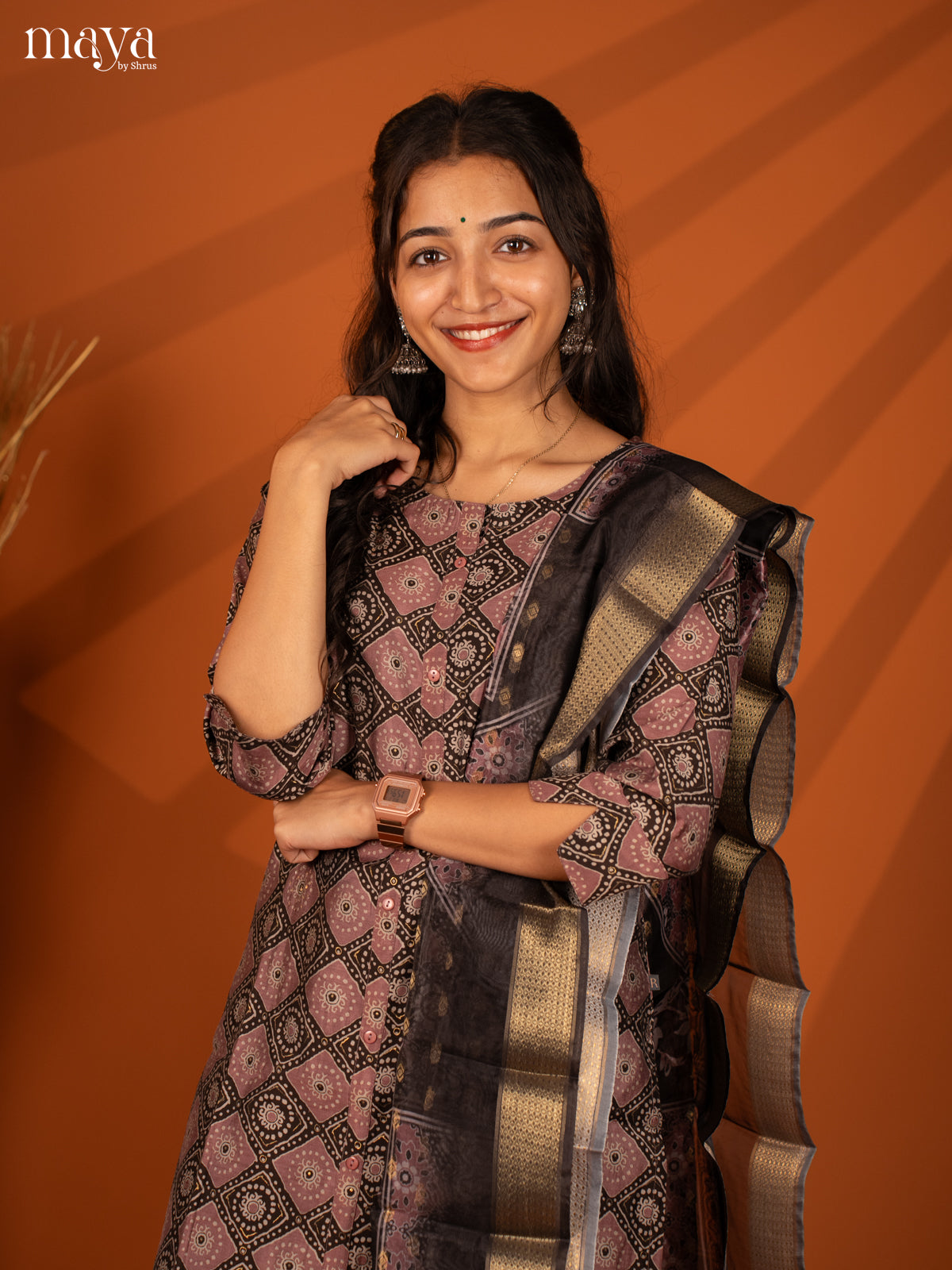 Brown Linen Cotton 3 Pc Salwar With Batik Print - Top, Bottom & Dupatta