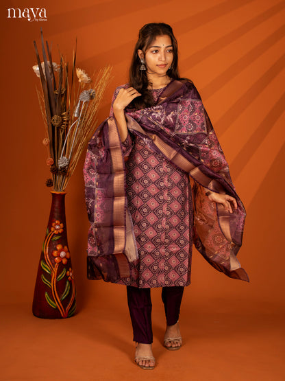 Purple Linen Cotton 3 Pc Salwar With Batik Print - Top, Bottom & Dupatta - Shop on Shrus.com