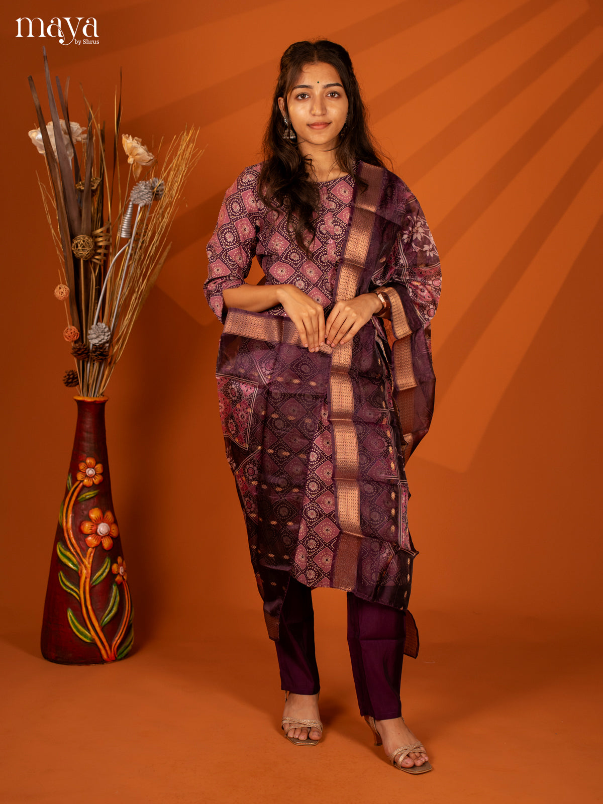 Purple Linen Cotton 3 Pc Salwar With Batik Print - Top, Bottom & Dupatta - Shop on Shrus.com