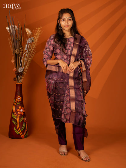 Purple Linen Cotton 3 Pc Salwar With Batik Print - Top, Bottom & Dupatta - Shop on Shrus.com