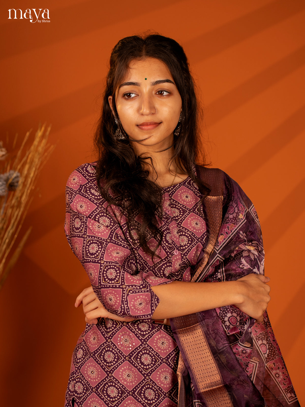 Purple Linen Cotton 3 Pc Salwar With Batik Print - Top, Bottom & Dupatta - Shop on Shrus.com