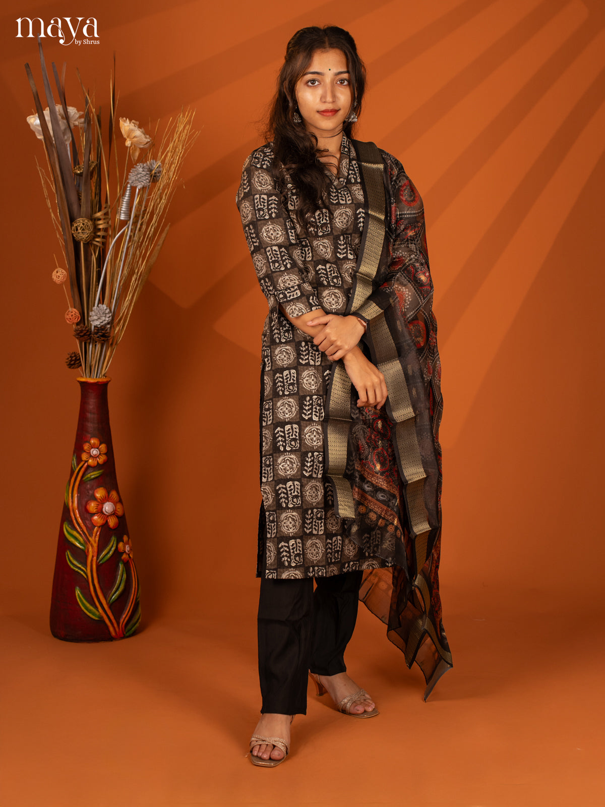Black Semi Crepe 3 Pc Salwar With Batik Print - Top, Bottom & Dupatta