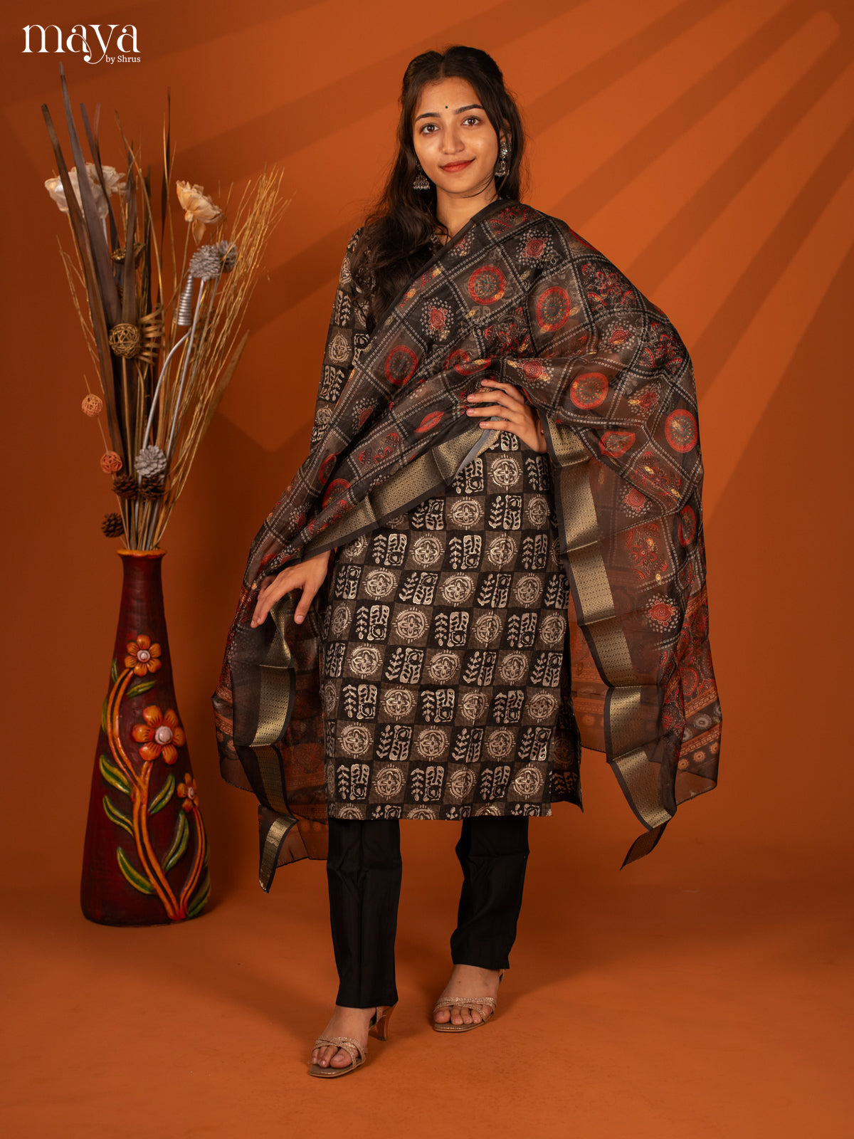 Black Semi Crepe 3 Pc Salwar With Batik Print - Top, Bottom & Dupatta