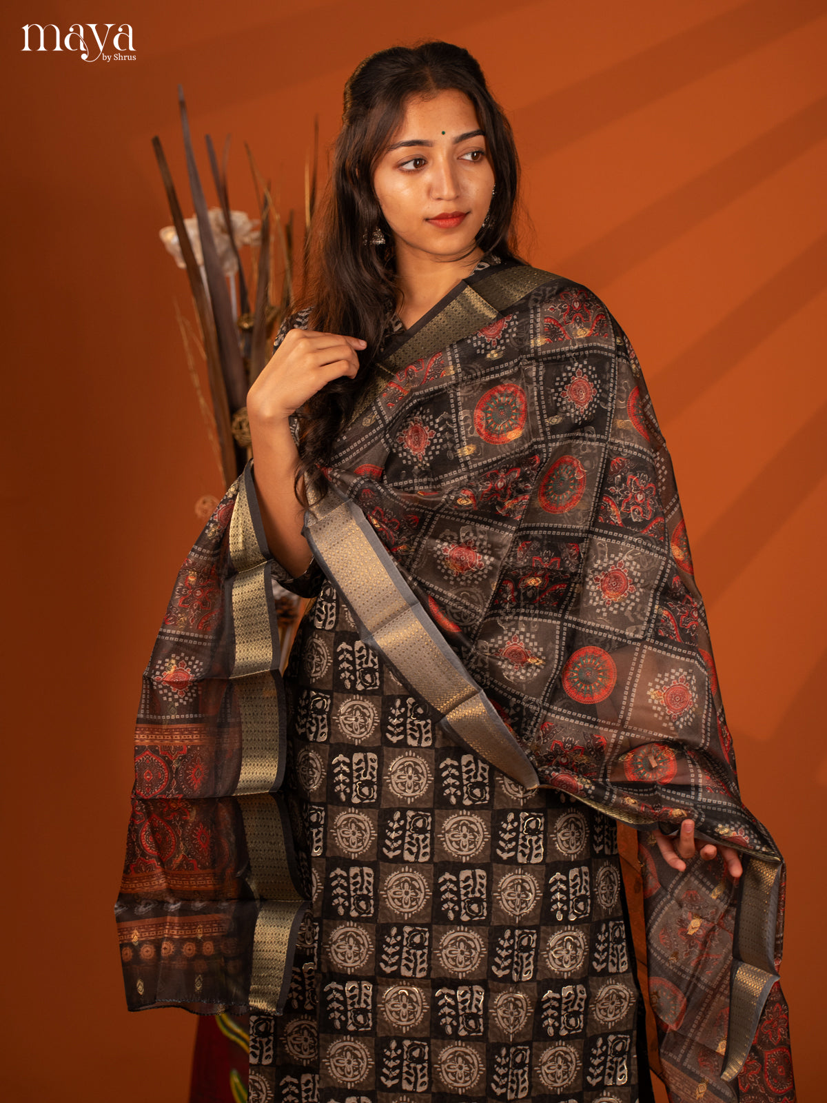 Black Semi Crepe 3 Pc Salwar With Batik Print - Top, Bottom & Dupatta