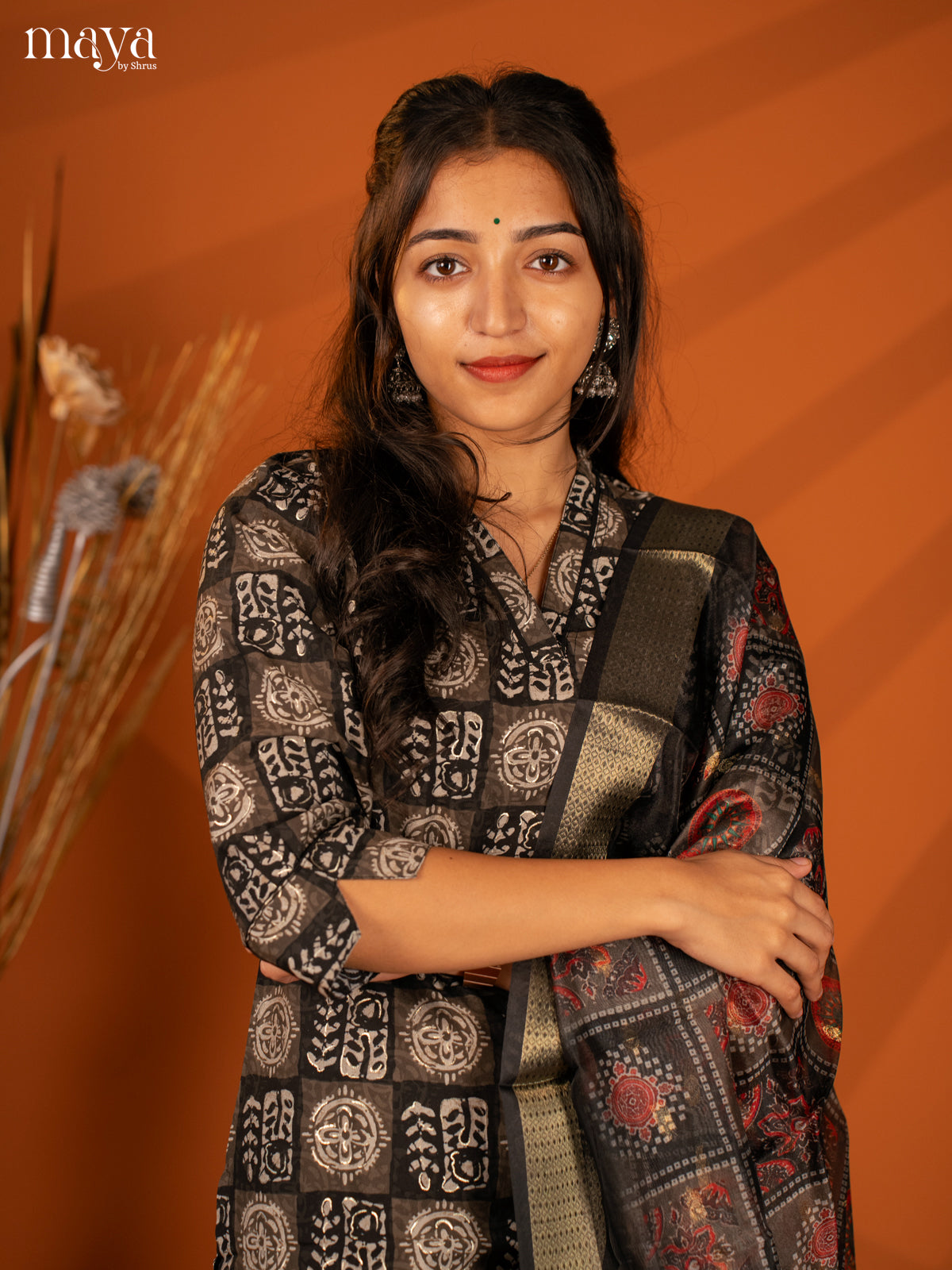 Black Semi Crepe 3 Pc Salwar With Batik Print - Top, Bottom & Dupatta
