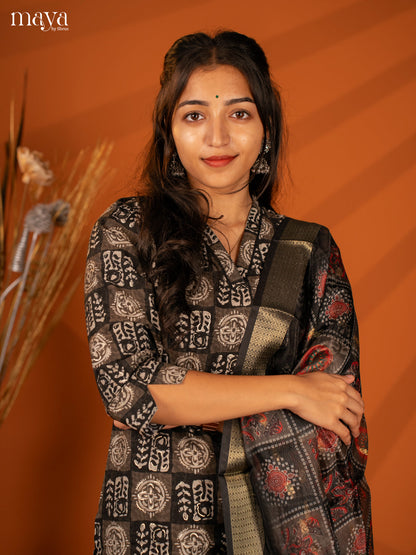 Black Semi Crepe 3 Pc Salwar With Batik Print - Top, Bottom & Dupatta
