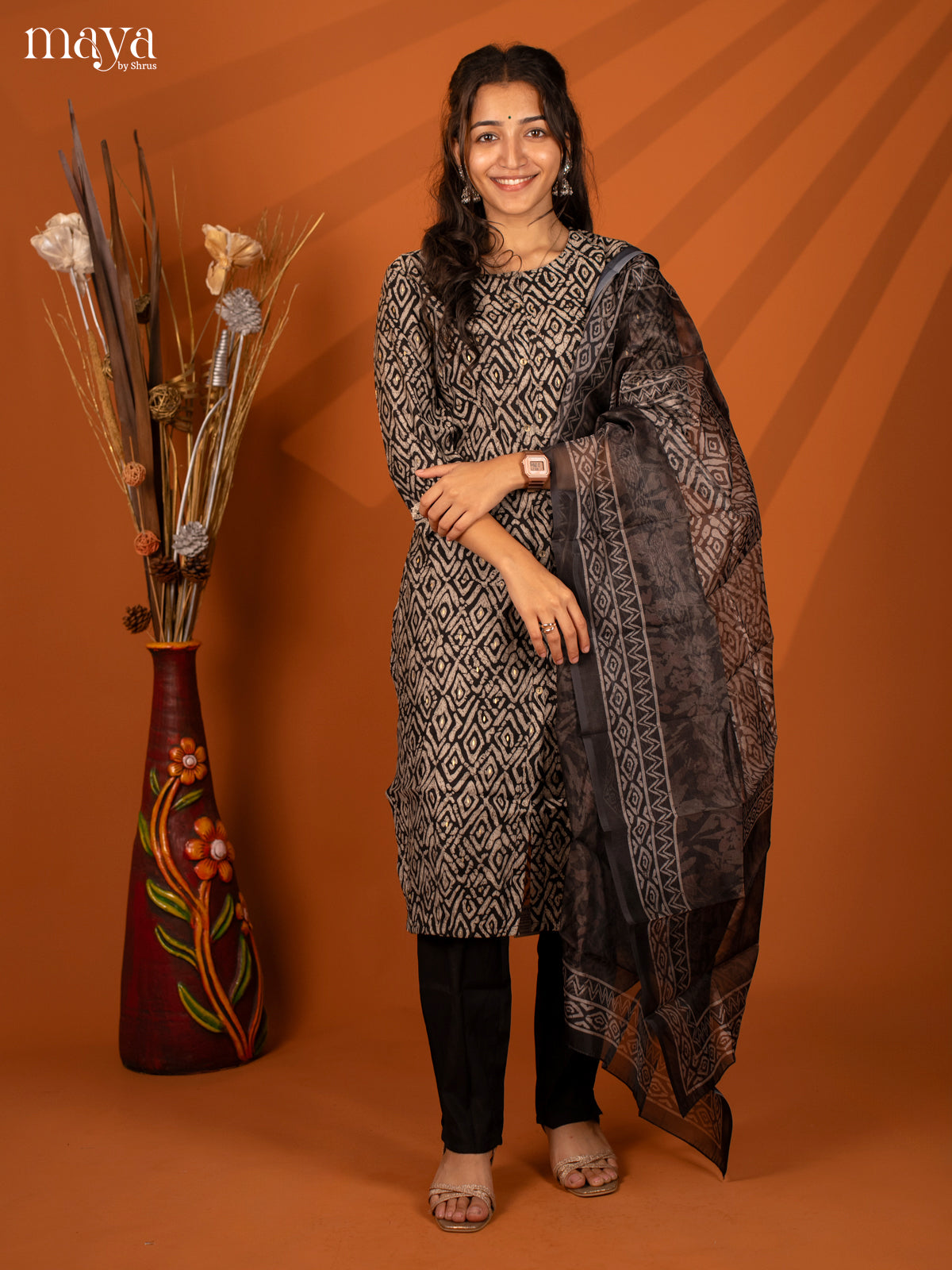 Black Linen Cotton 3 Pc Salwar with Digital Print - Top, Bottom & Dupatta